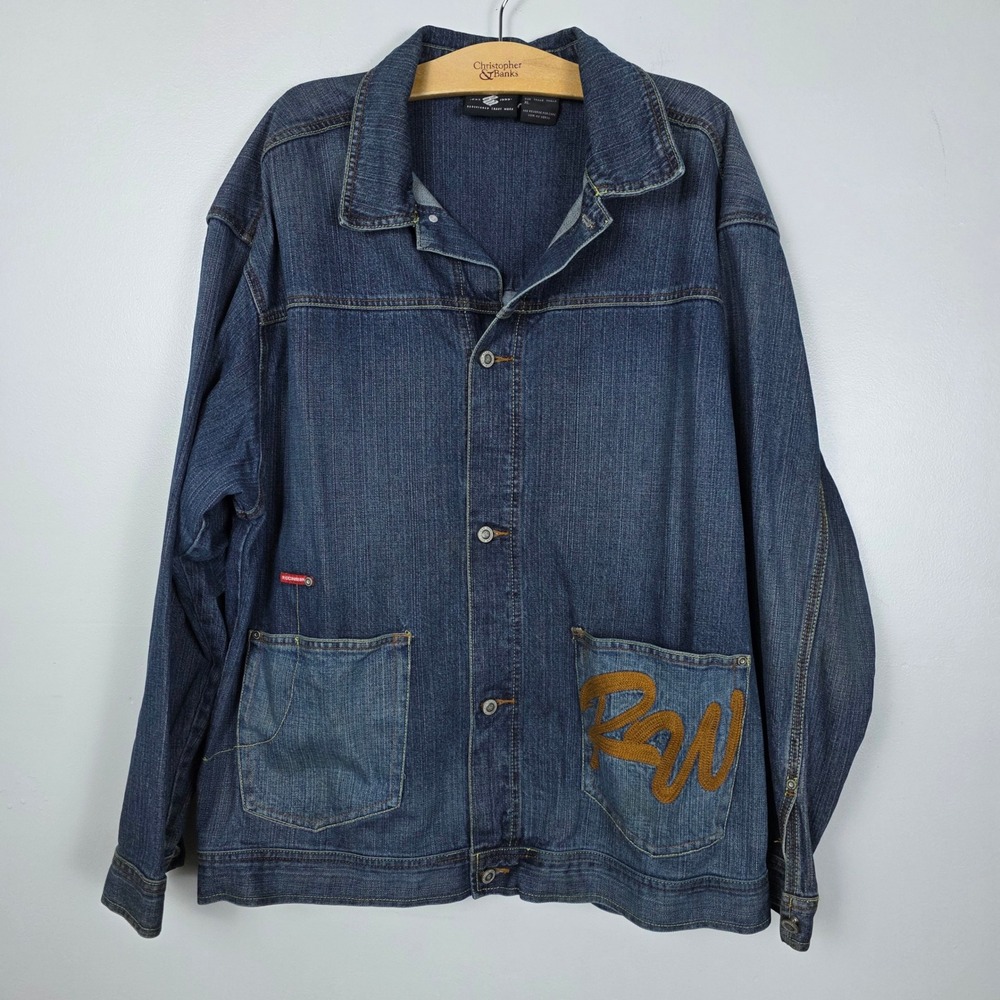 Rocawear Denim Jean Jacket Chore Y2k Mens XL Button Up Pockets Blue Chainstitch